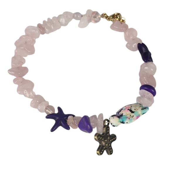 Pink Quartz Purple Turquoise Beads Starfish Charm Bracelet - Picture 1 of 2